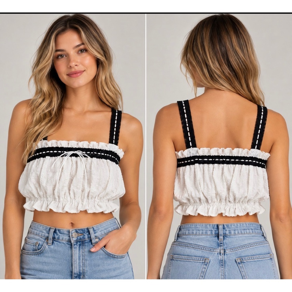 Indulge Gogo Apparels White Smocked Ruffle Crop Top Lace Large Festival boho